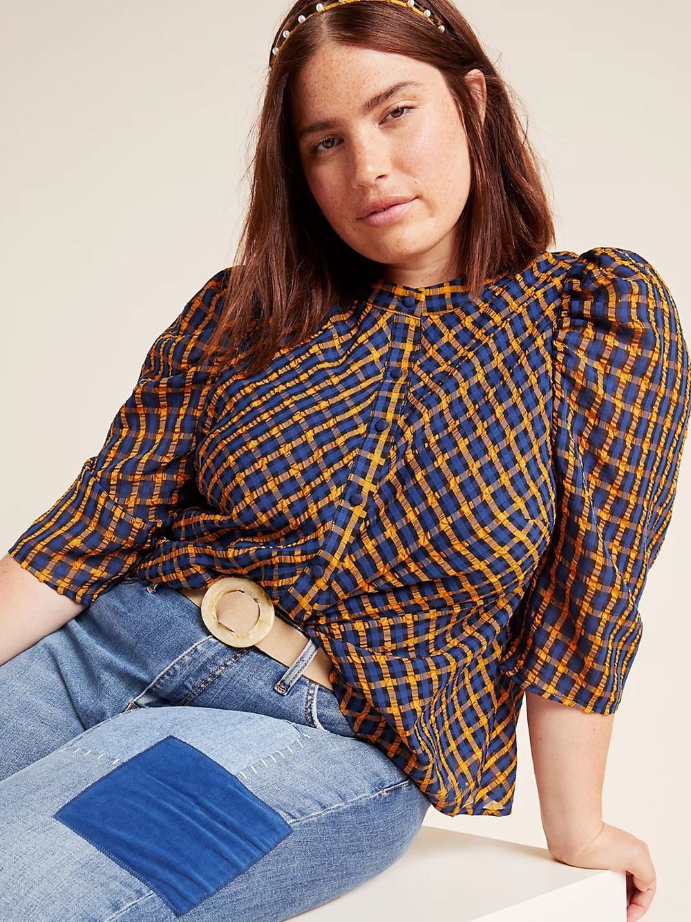 Eva Franco Textured Plaid Puff Sleeve Button Up Top Blouse Anthropologie Sz 16P
